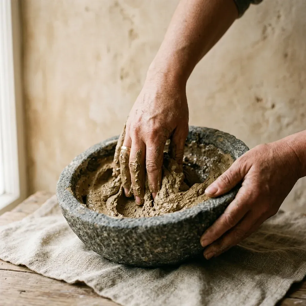 Hands mixing organic clay for wellness treatments at ZenAura Ubud