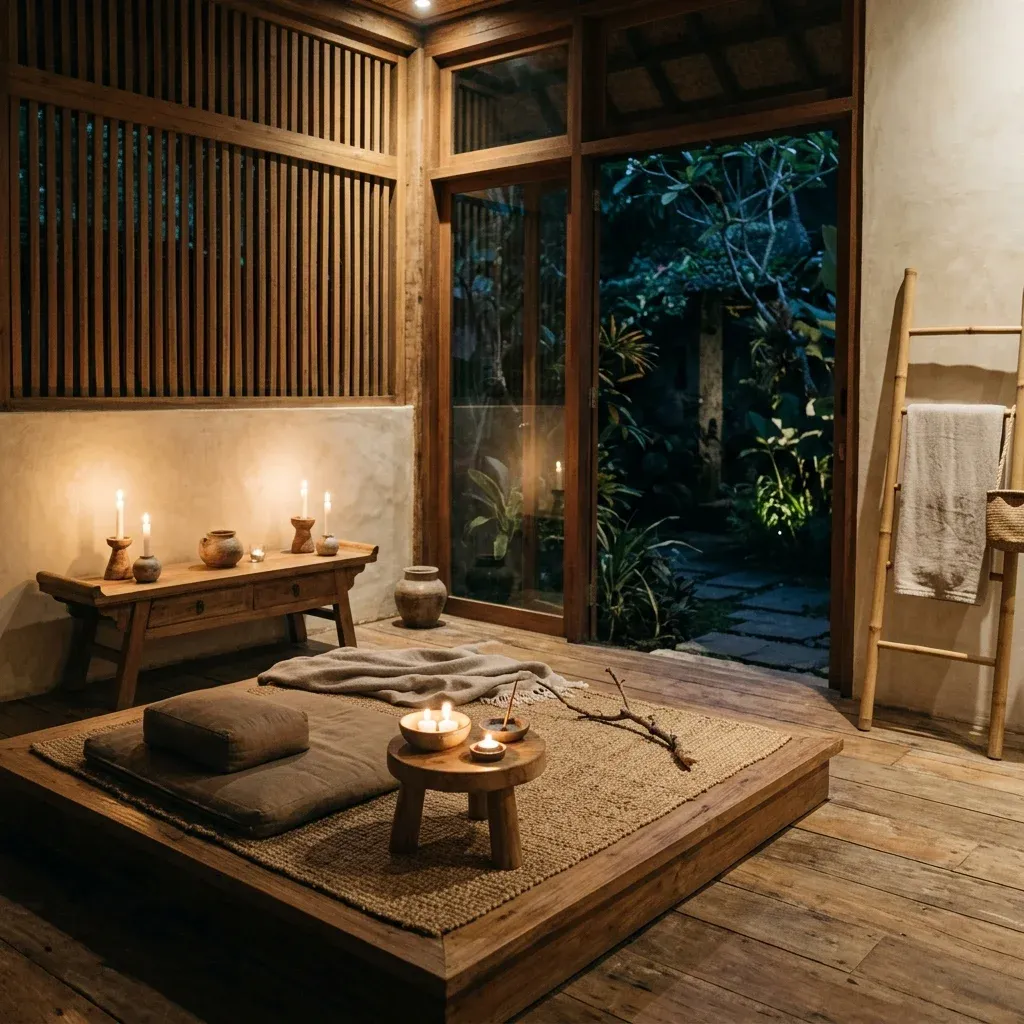 ZenAura arrival — warm threshold room with soft light