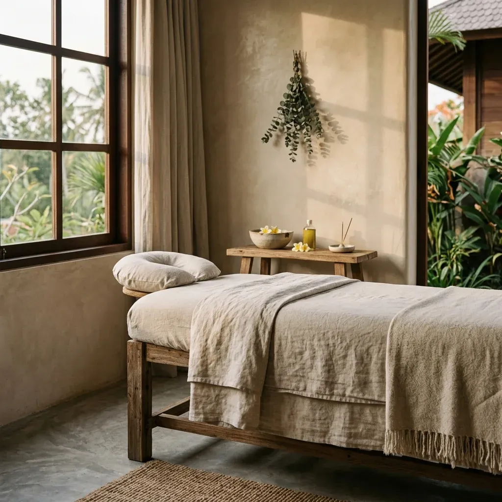 Linen massage bed in quiet treatment room with botanical light