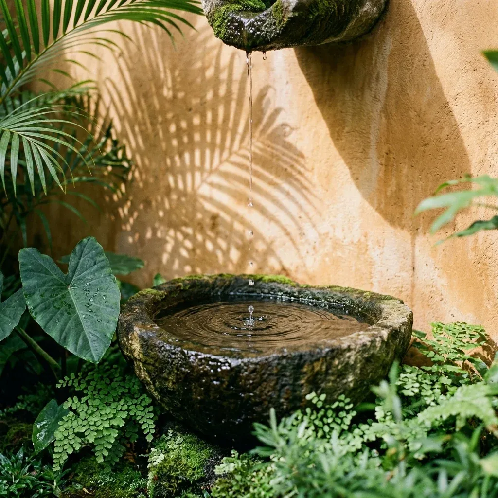 Water dropping into a stone basin, green leaves shadow